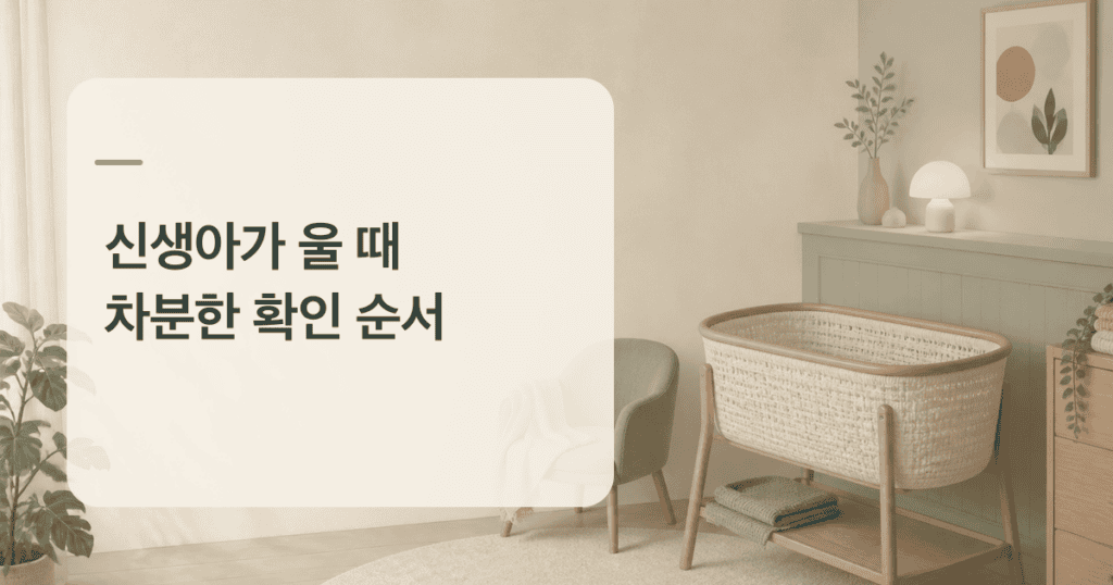신생아 울음 달래기 전 차분히 환경을 확인하는 돌봄 공간 일러스트