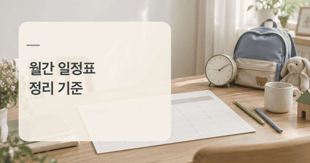 육아 가정 월간 일정표를 준비하는 식탁 위 계획표